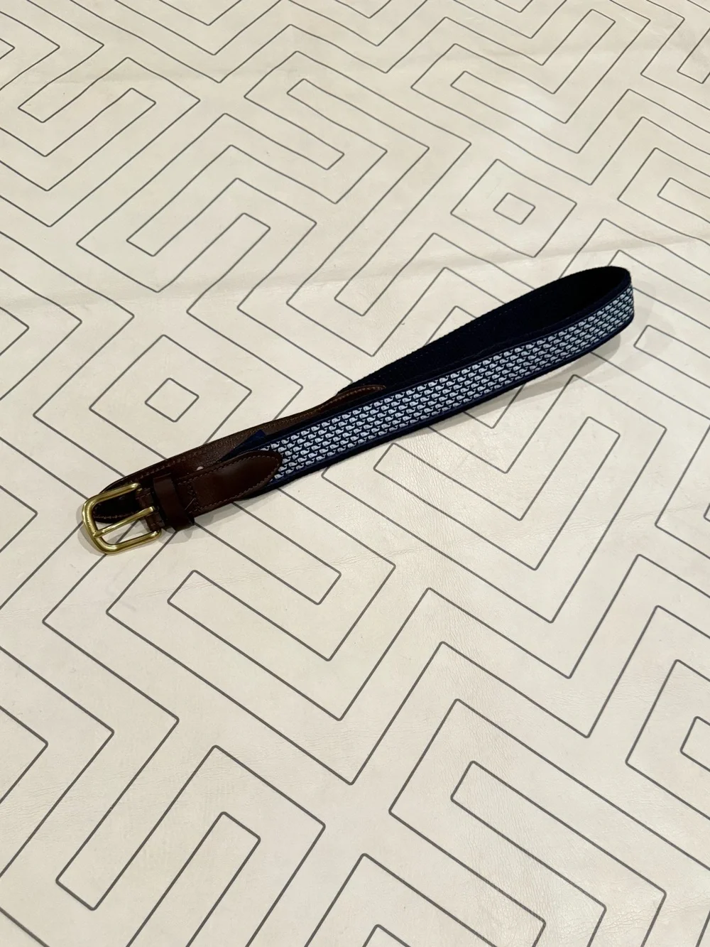 Vineyard Vines Navy Blue & White Whale Belt with Brown Leather Trim